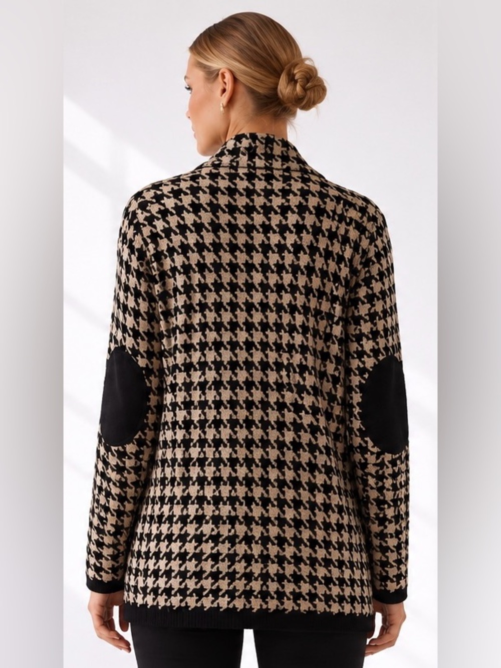 Anthropologie Chic Houndstooth Cardigan Preppy Lagenlook Sweater Elbow Patch, S - Picture 3 of 11